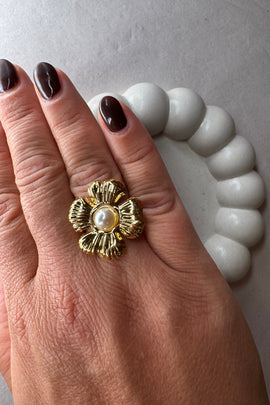 Ατσάλινο δαχτυλίδι Χρυσό Pearl Flower one size