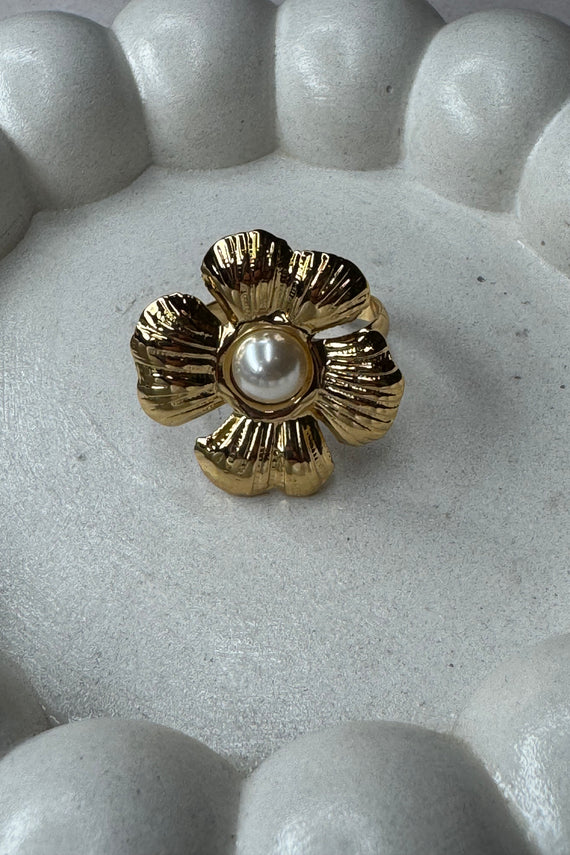 Ατσάλινο δαχτυλίδι Χρυσό Pearl Flower one size