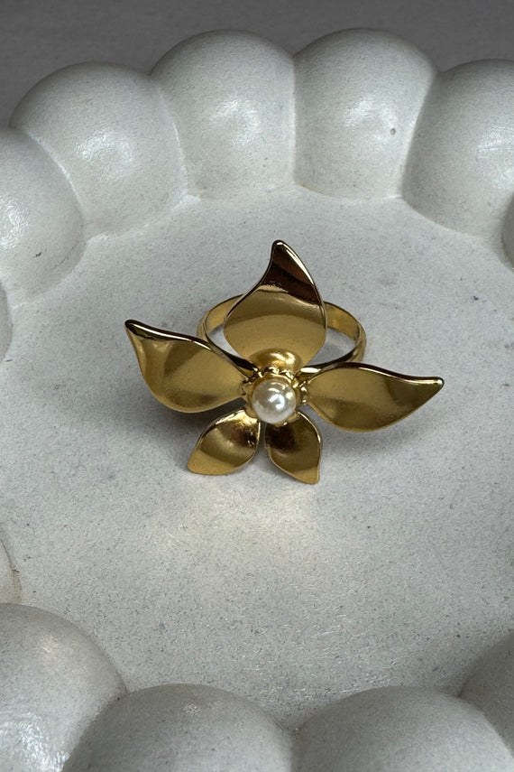Ατσάλινο δαχτυλίδι Χρυσό Pearl Flower 2 one size