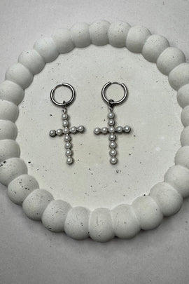 Ατσάλινα σκουλαρίκια κρίκοι Cross Σταυροί με πέρλες