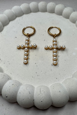Ατσάλινα σκουλαρίκια κρίκοι Cross Σταυροί με πέρλες