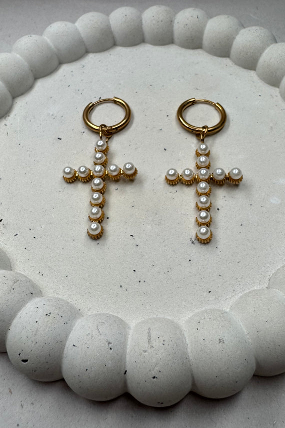 Ατσάλινα σκουλαρίκια κρίκοι Cross Σταυροί με πέρλες