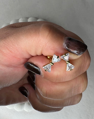 Aτσάλινα σκουλαρίκια χρυσά βιδωτά φιογκάκια με κρύσταλλα (Ιδανικά για όλες τις τρύπες του αυτιού π.χ. τράγος, helix, κ.α.)