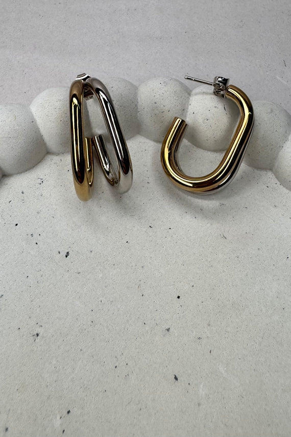 Ατσάλινα σκουλαρίκια καρφωτά διπλά δίχρωμα ασημί χρυσό