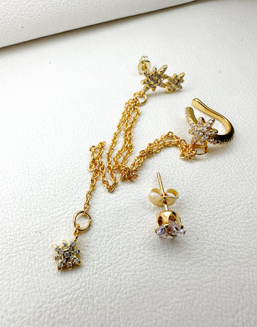 Ορειχάλκινα σκουλαρίκια με κρεμαστό αστεράκι και cuff και στρασάκι καρφωτό