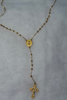 Ατσάλινο κολιέ χρυσό ροζάριο με σταυρό