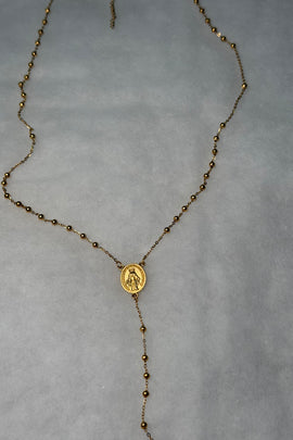 Ατσάλινο κολιέ χρυσό ροζάριο με σταυρό