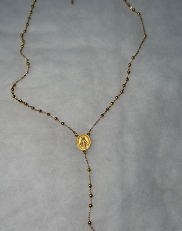 Ατσάλινο κολιέ χρυσό ροζάριο με σταυρό