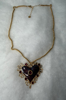 Ατσάλινο κολιέ χρυσή καρδιά με μπορντό-καφέ σμάλτο