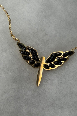 Ατσάλινο κολιέ χρυσό Bird με μαύρα κρύσταλλα