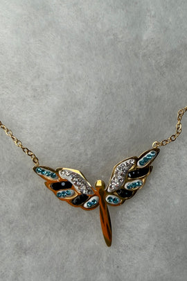 Ατσάλινο κολιέ χρυσό Bird με μαύρα, λευκά και γαλάζια κρύσταλλα