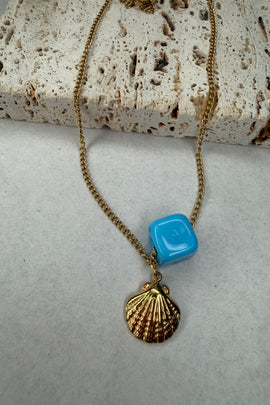 Ατσάλινο κολιέ Shell Blue Cube χρυσό